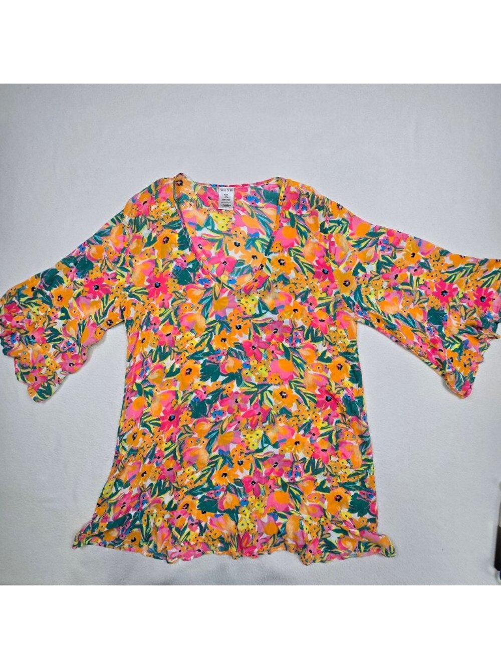 Anne Cole M/L Swim Cover Tunic Top Coastal Floral Ruffle Bell Sleeves Boho Beach